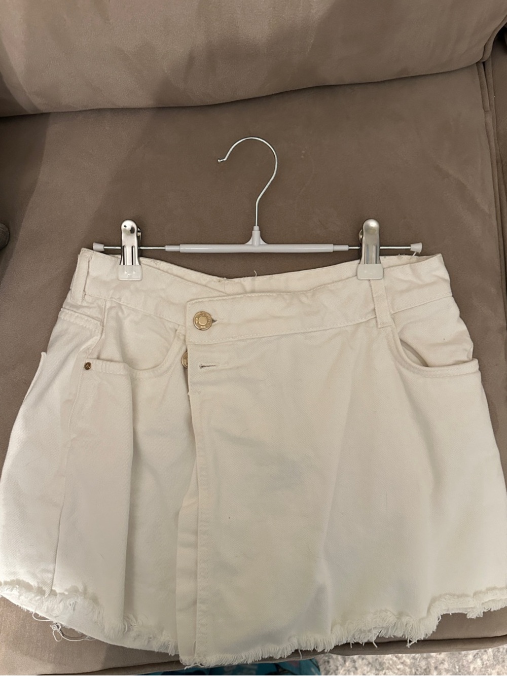 Zara Cream Denim Skort with Frayed Hem